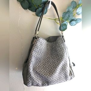 Coach op-art needlepoint & leather Madison Phoebe bag in gray w/silver hardware.